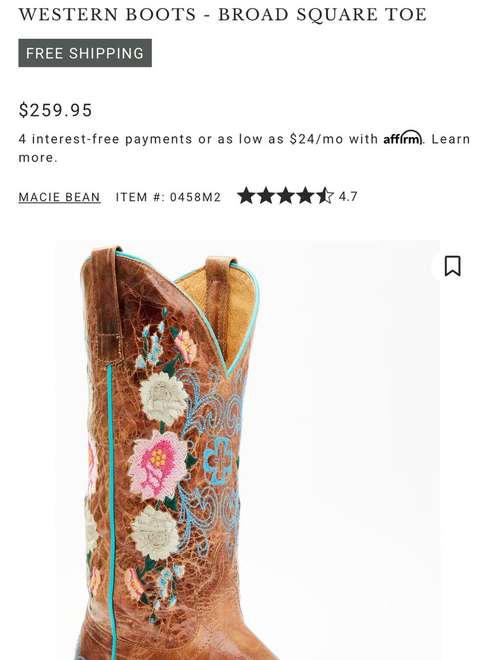 Macie Bean Brown Leather Western Boots with Pink and Turquoise Floral Embroidery